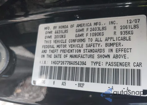 2008 Honda Accord 2.4 Ex z USA, uszkodzony, nr VIN 1HGCP26778A054394